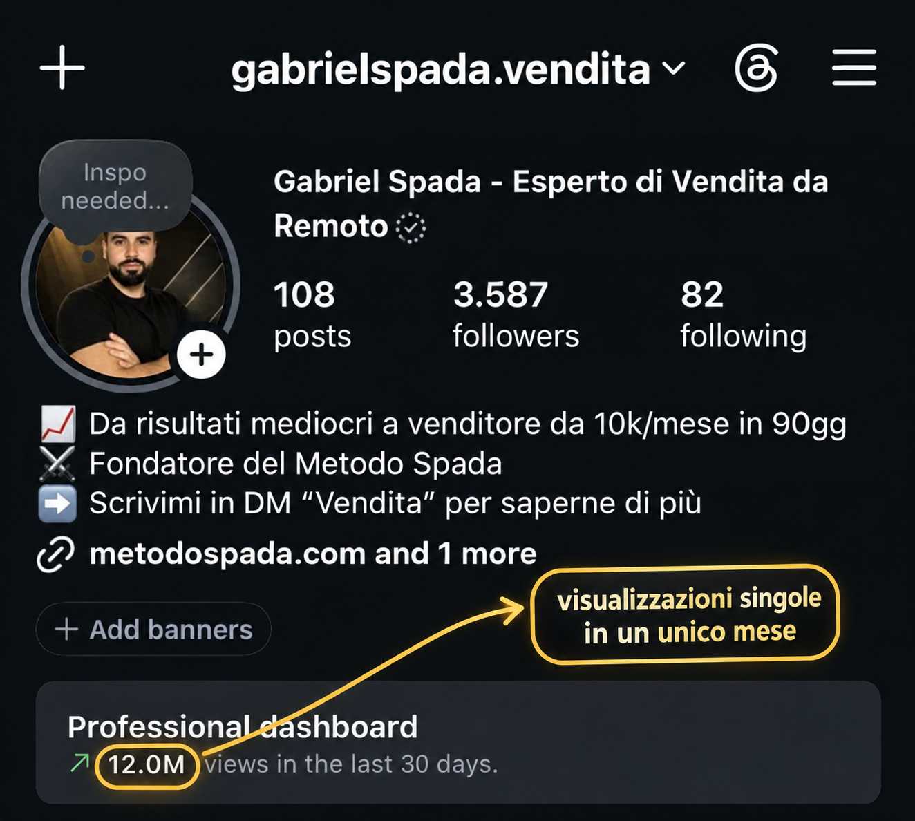 Screenshot del profilo Instagram di Gabriel Spada con le views degli ultimi 30 giorni